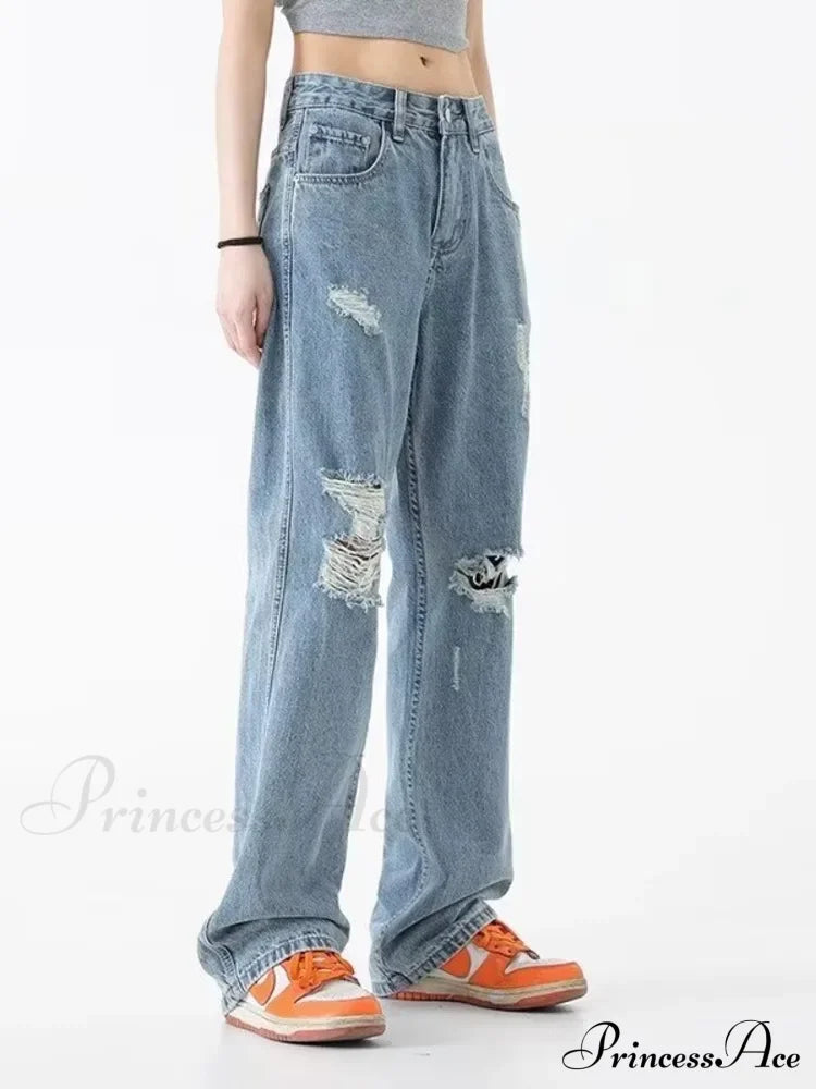 Perforated Jean Summer Thin High Street Trendy Brand Handsome And Loose Fitting Straight Casual