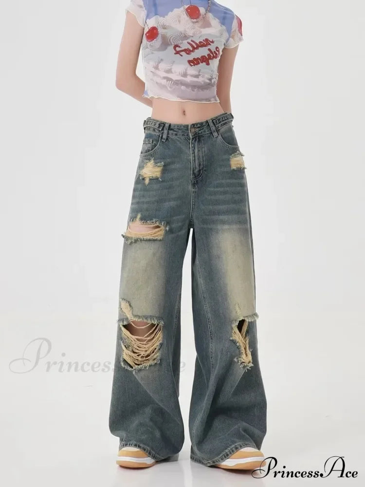 Perforated Women’s Summer New Ins Fashion Brand Straight Tube Loose Sweeping High Street Jean