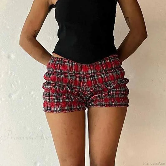 Plaid Frill Tiered Low-Rise Short red / S short-250223