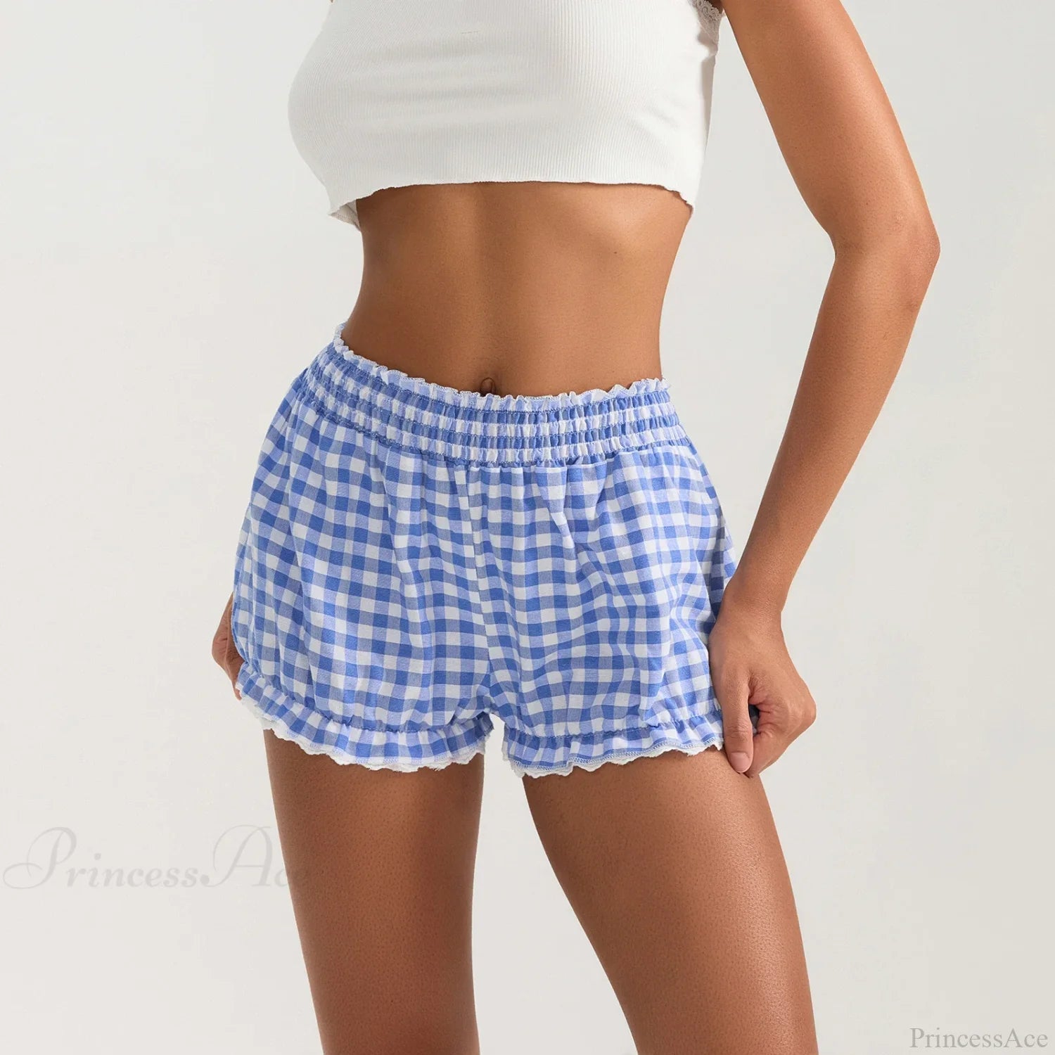 Plaid Lace Trim Elastic Waist Short short-250223