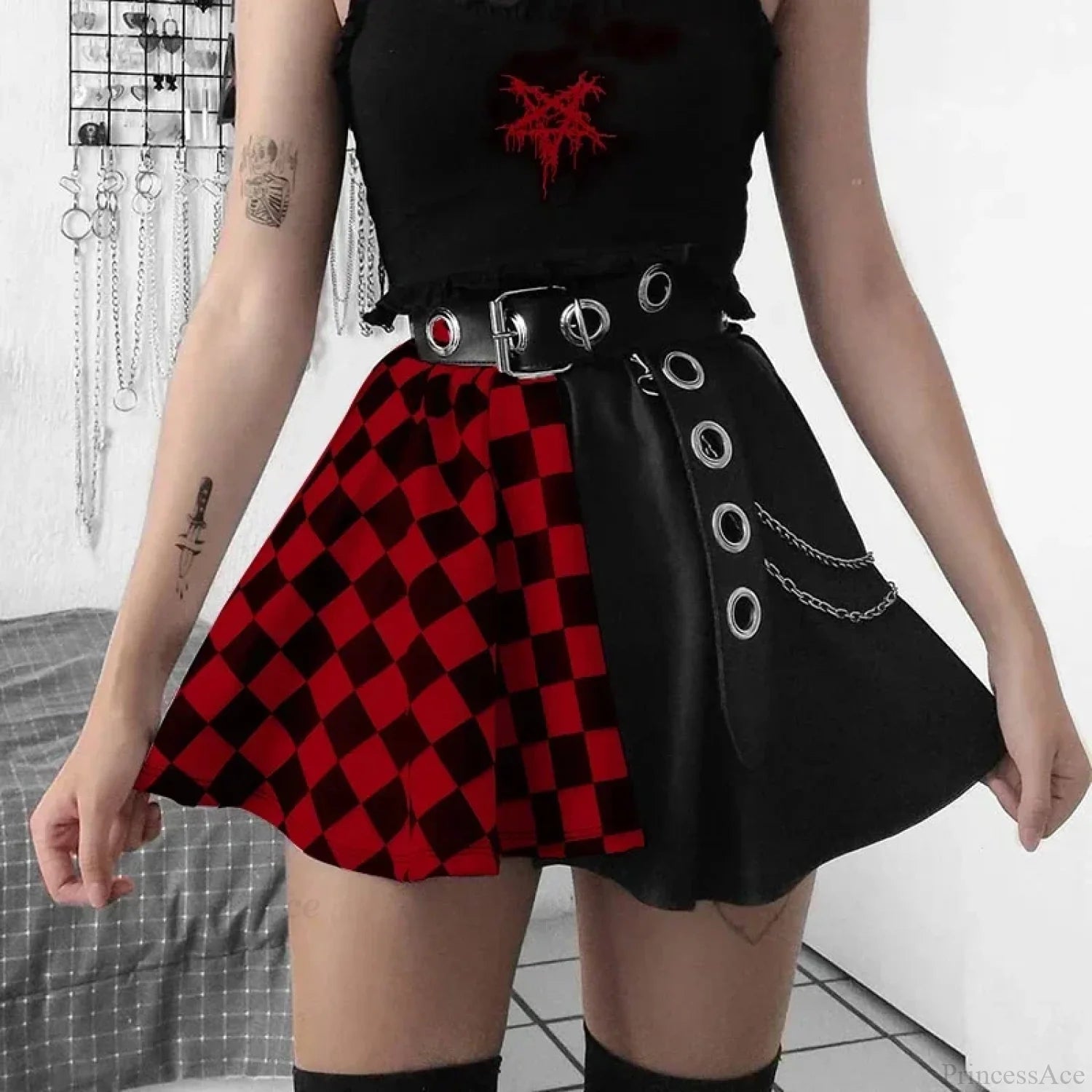 Plaid Patchwork Pleated Mini Skirt Red / S