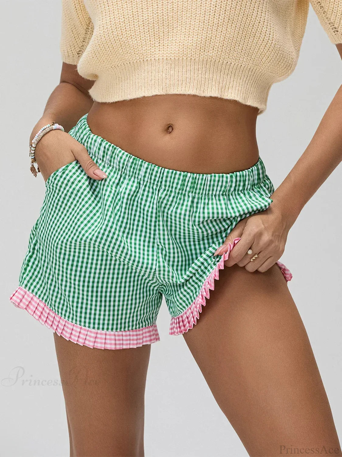 Plaid Ruffle Hem Loose Short short-250223