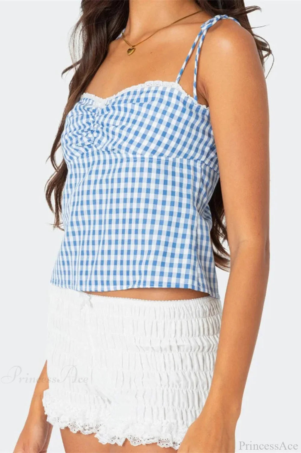 Plaid Tie-up Backless Ruched V-neck Crop Top croptop-250126