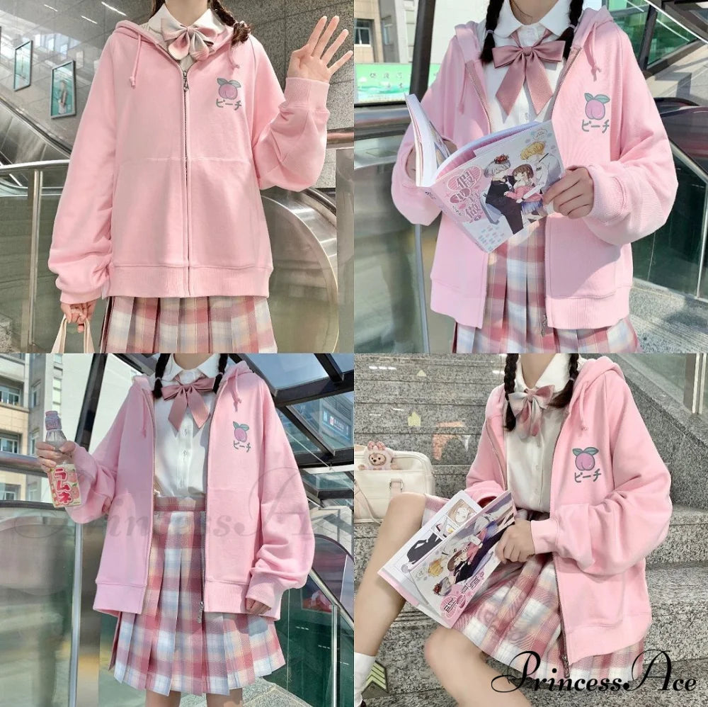 Plus Hoodie Design Women Fruit Sweatshirt Harajuku Loose Thin Zipper Sweet Pink Pocket Cute Size