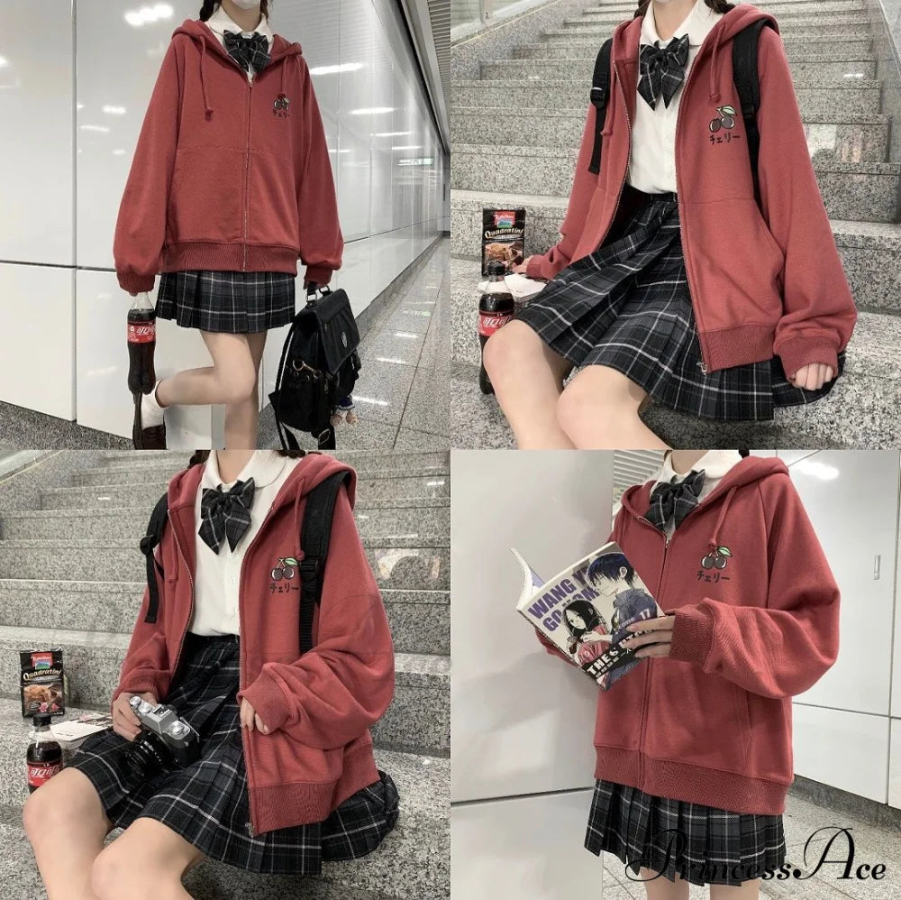 Plus Hoodie Design Women Fruit Sweatshirt Harajuku Loose Thin Zipper Sweet Pink Pocket Cute Size