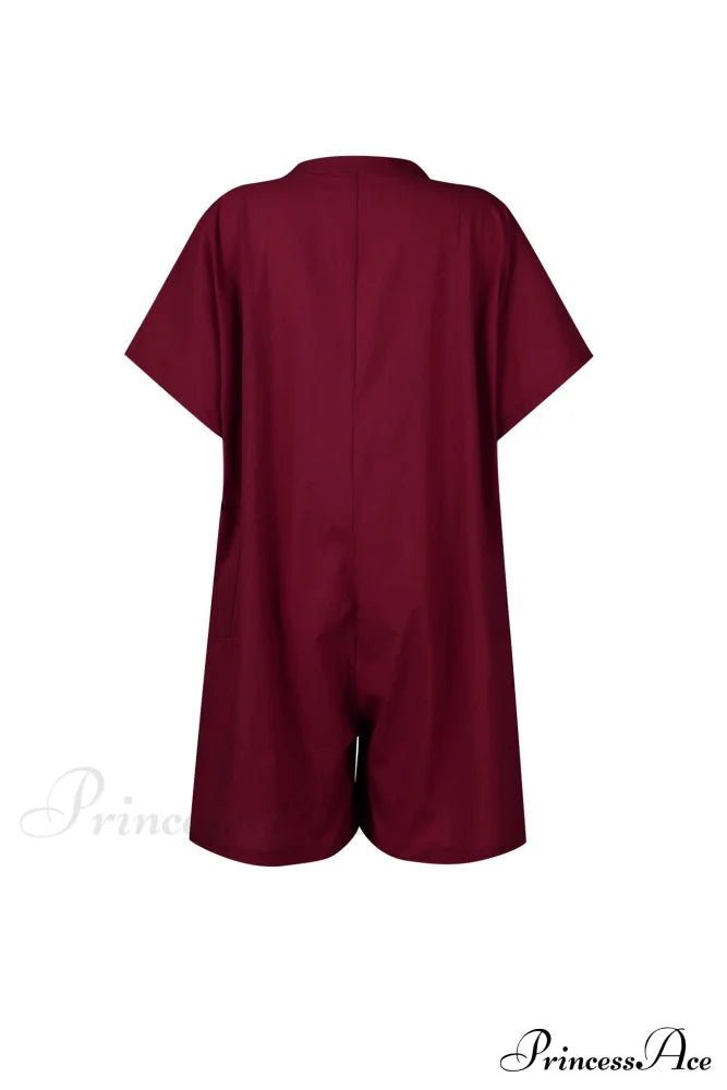 Pocketed Loose Rompers Wine Red / 2Xl