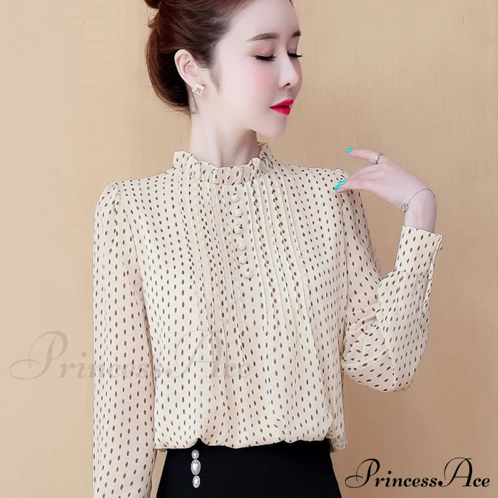 Polka Blouse Spring With Women’s Chiffon Dot Autumn Print Beige / S