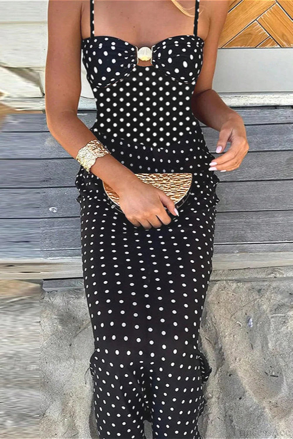 Polka Dot Cami Cutout Slim Maxi Dress