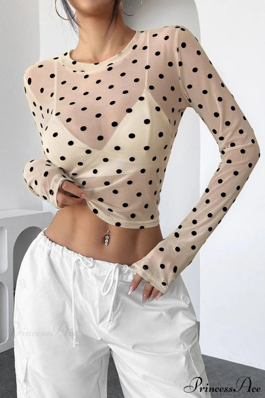 Polka Dot Mesh Slim Fit Long Sleeve Crop Top Off-White / S