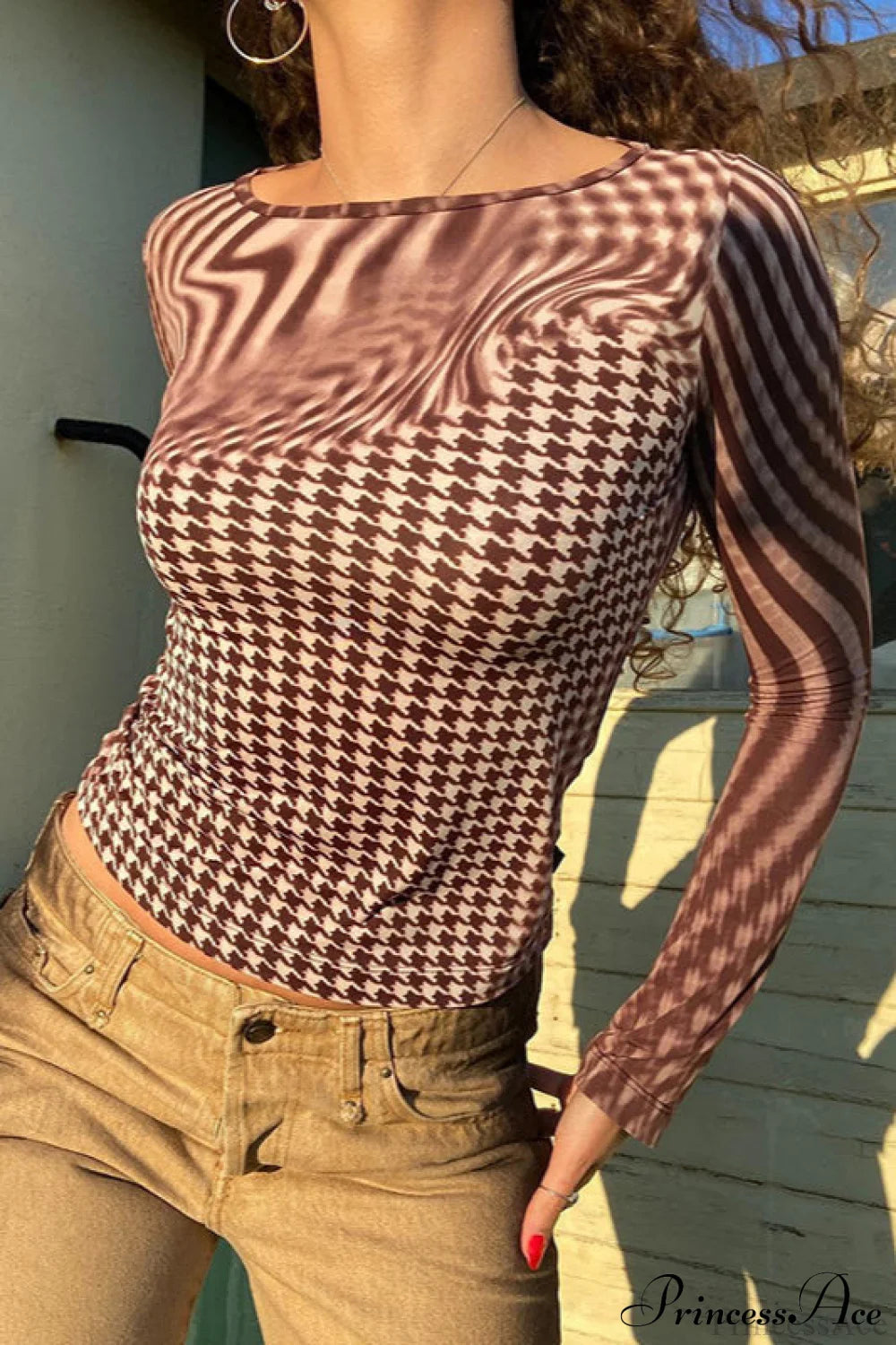 Printed Crew Neck Cropped Long Sleeve Tee