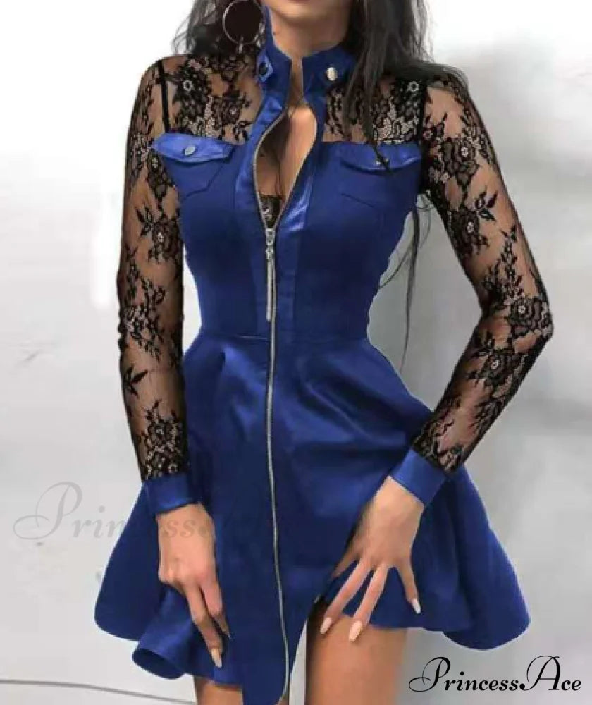 Pu Black Plus Zipper Size Lace Leather Arm V-Neck Party Faux Dress M / Black Dresses