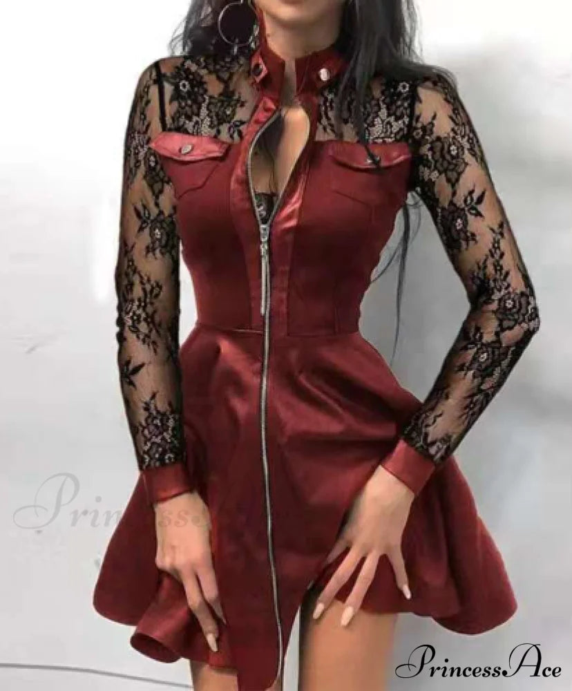 Pu Black Plus Zipper Size Lace Leather Arm V-Neck Party Faux Dress S / Burgundy Dresses