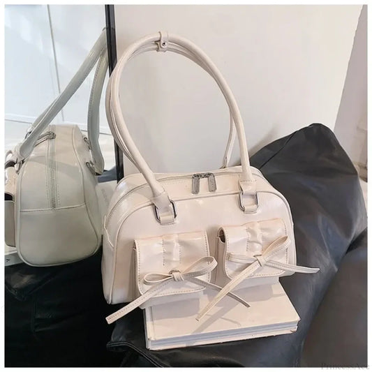 PU Leather Bow Shoulder Handbag Beige / 30x17x10cm shoulder-250126