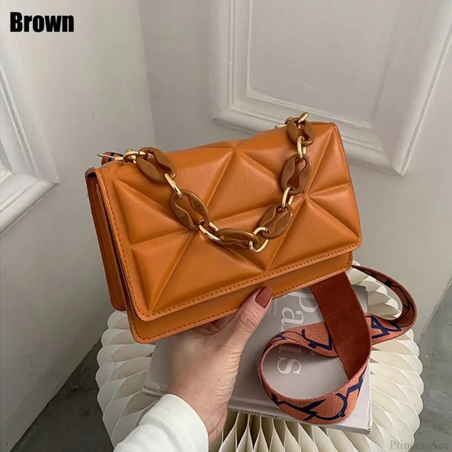 PU Leather Metal Chain Crossbody Bag Brown crossbody-250126