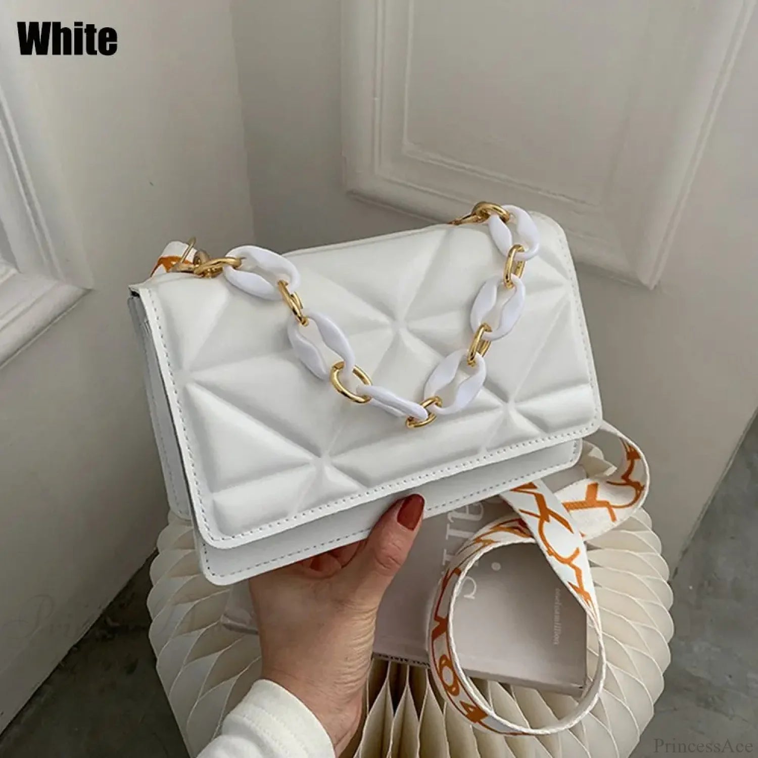 PU Leather Metal Chain Crossbody Bag White crossbody-250126