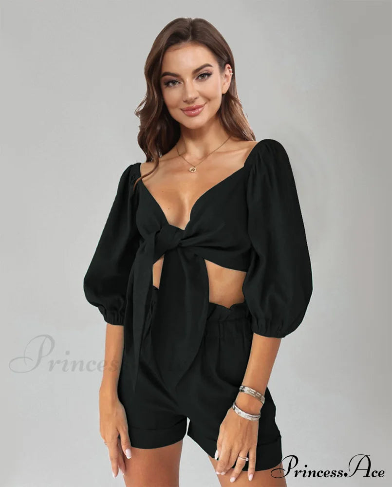 Cutout Puff Sleeve Top and Shorts Set Black clothes crop top croptop MDML sets Ship From Overseas Shipping Delay 09/29/2023 - 10/02/2023 trend