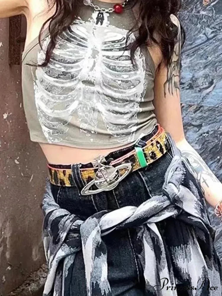 Punk Aesthetic Cyber Retro X-Ray Skeleton Print Sleeveless Vest Armygreen Crop Designer Clothes