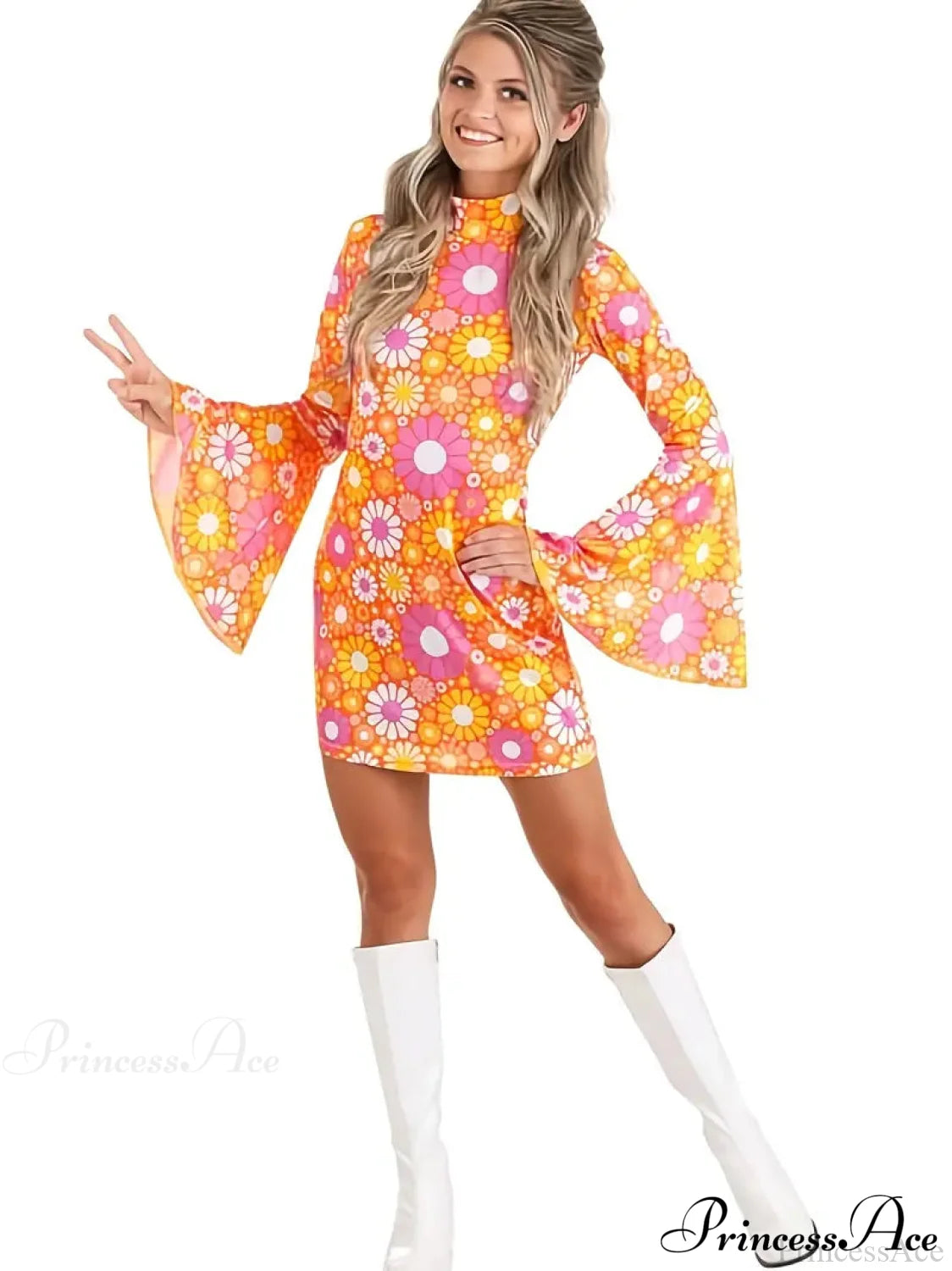 Purple Floral Flared Long Sleeve Party Dress L / Purple High Neck Maxi Dress