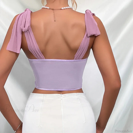 Purple Lace Bow Shoulder Strap Fishbone Crop Top croptop-250126