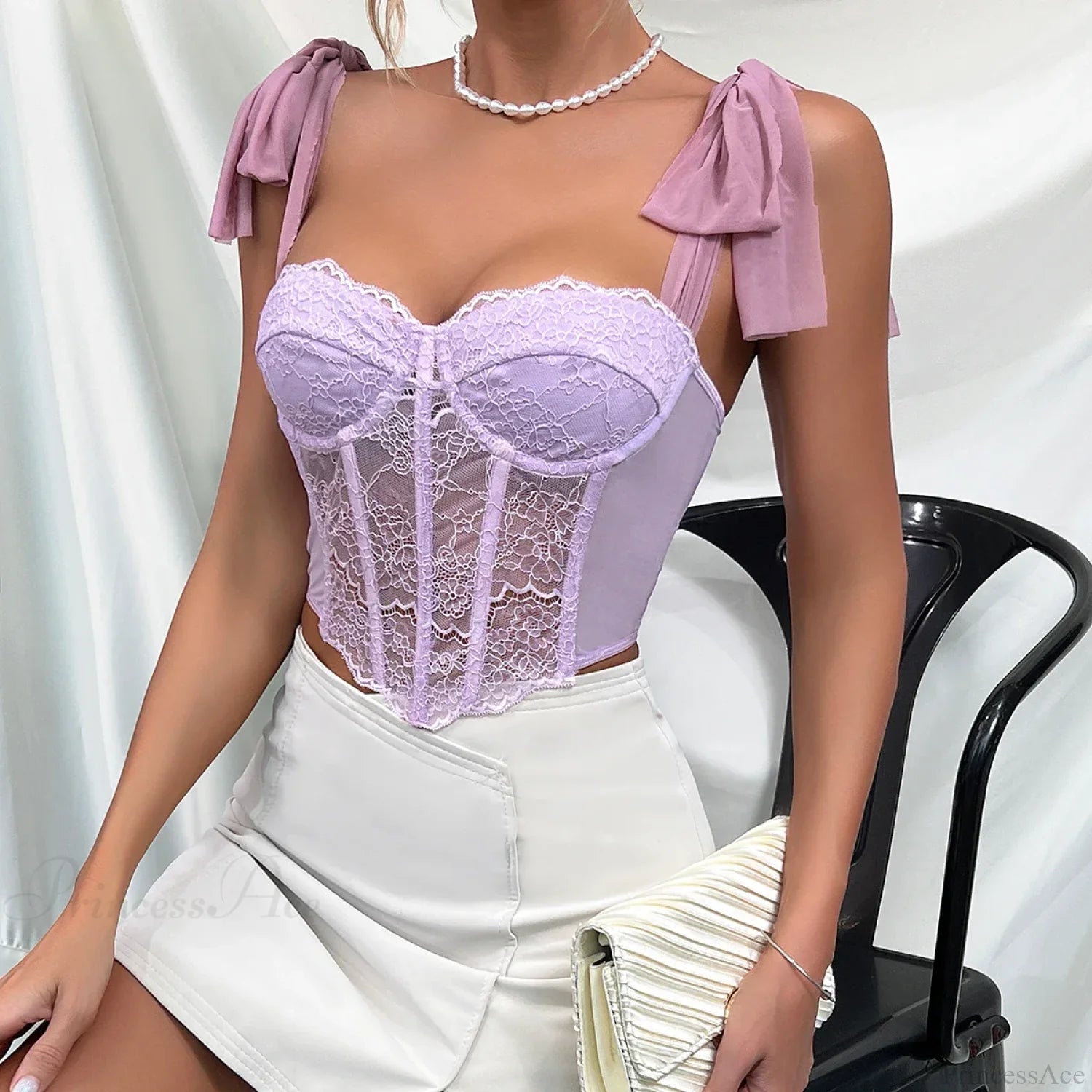 Purple Lace Bow Shoulder Strap Fishbone Crop Top croptop-250126