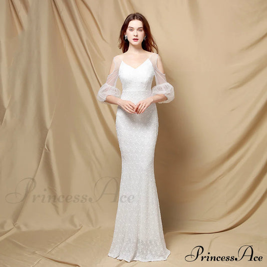 Quinn Sequin Scroll Charming Puff Sleeve Dress White / S S.o. Long Dresses