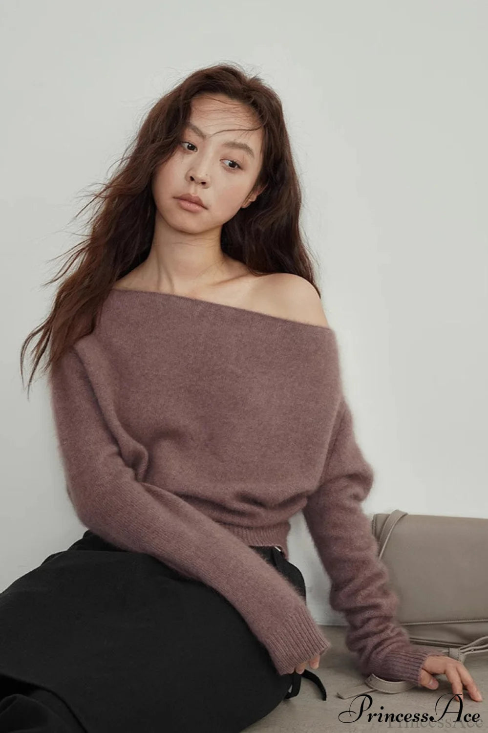 Raccoon Fur Off-Shoulder Cropped Slouchy Knit Top Brown / One Size