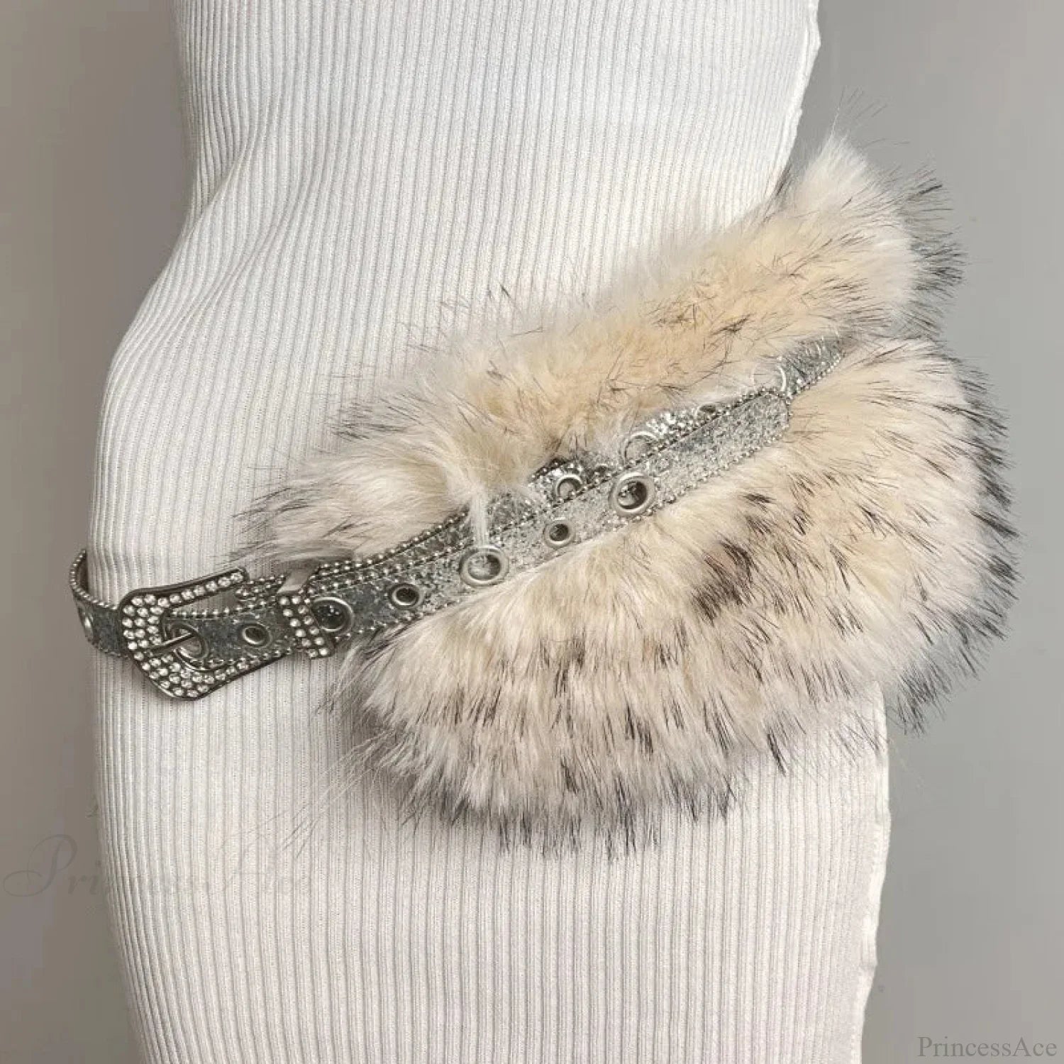 Rebellious Dark Studded Furry Millennium Rhinestone Belt Beige / 110cm