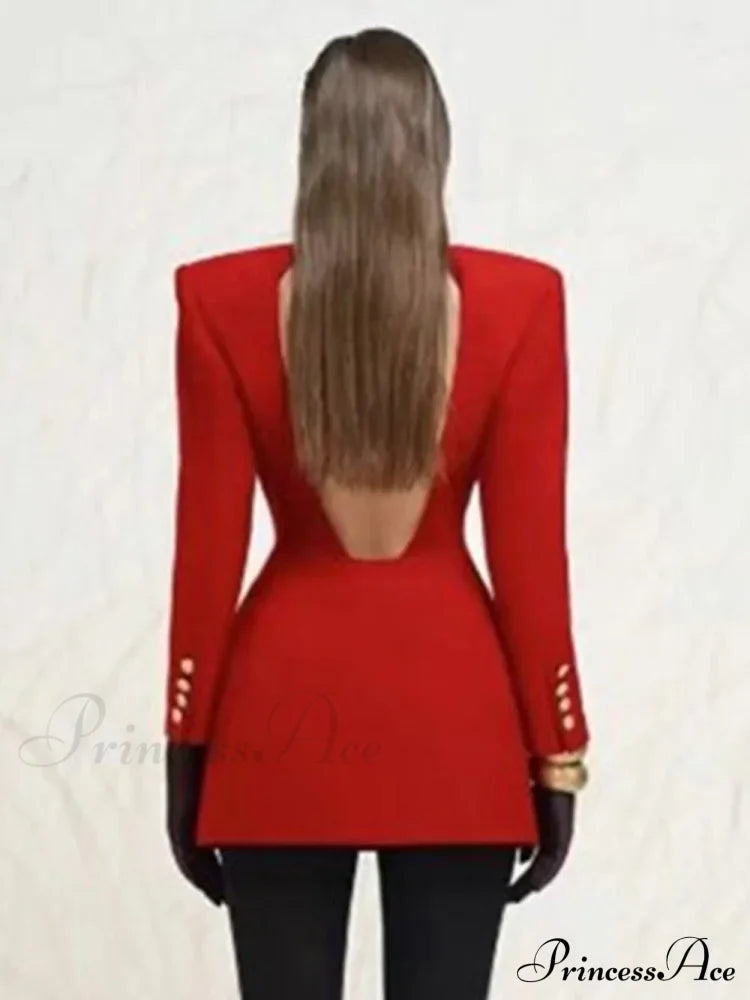 Red Sequin Collar Charming Open Back Blazer Dress Black Suit