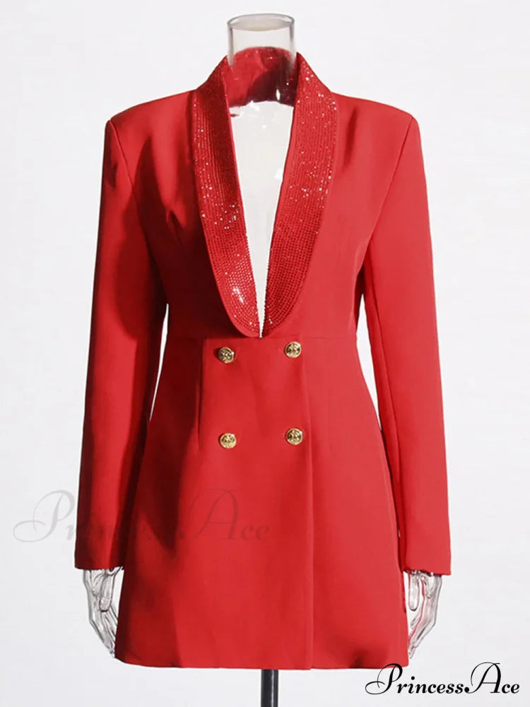 Red Sequin Collar Charming Open Back Blazer Dress Black Suit