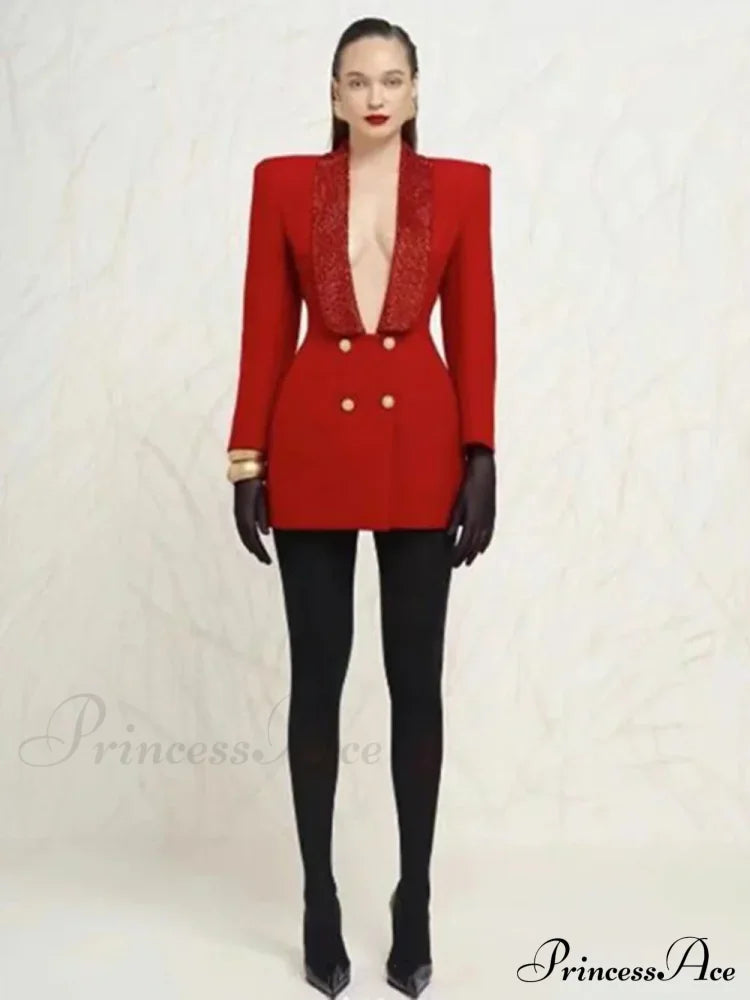 Red Sequin Collar Charming Open Back Blazer Dress Black Suit