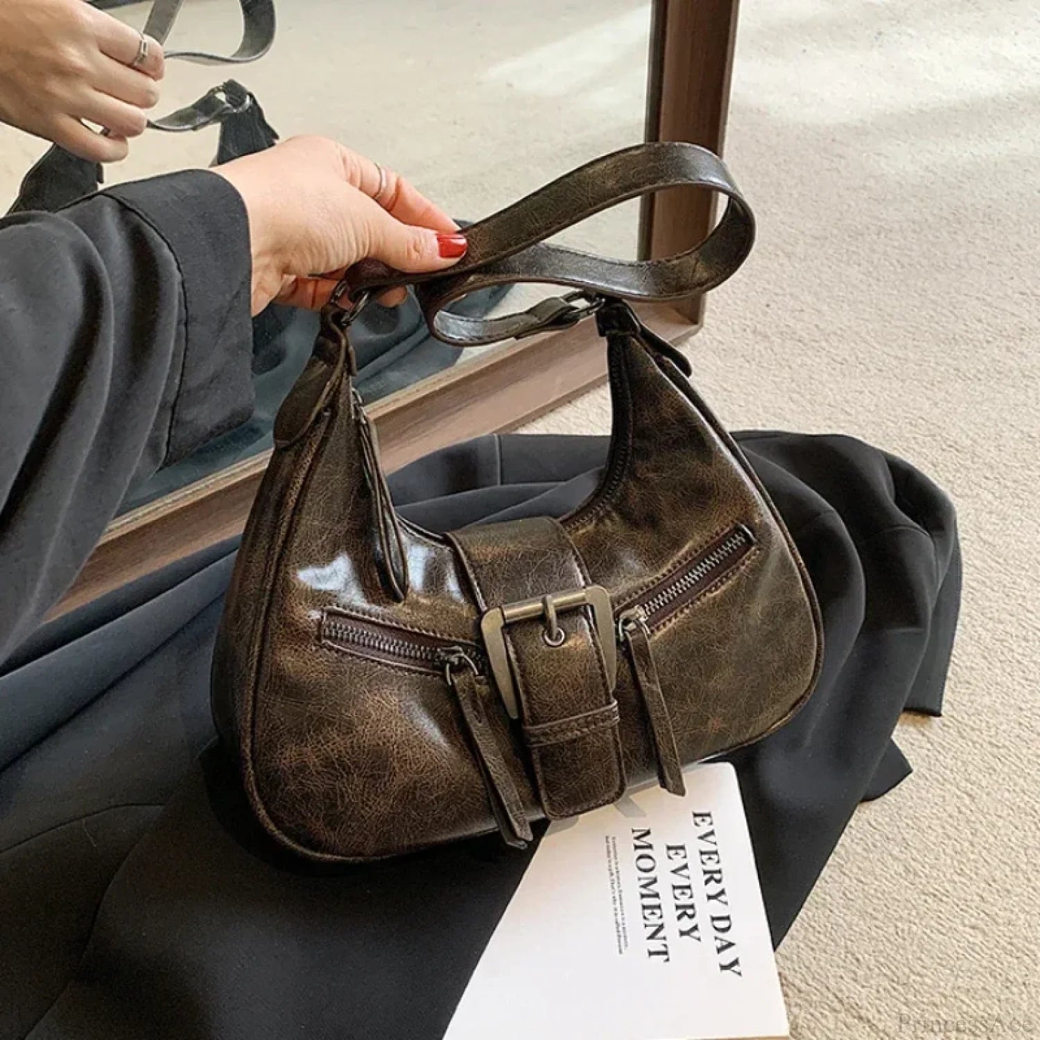 Retro Belt Design PU Leather Shoulder Bag shoulder-250126