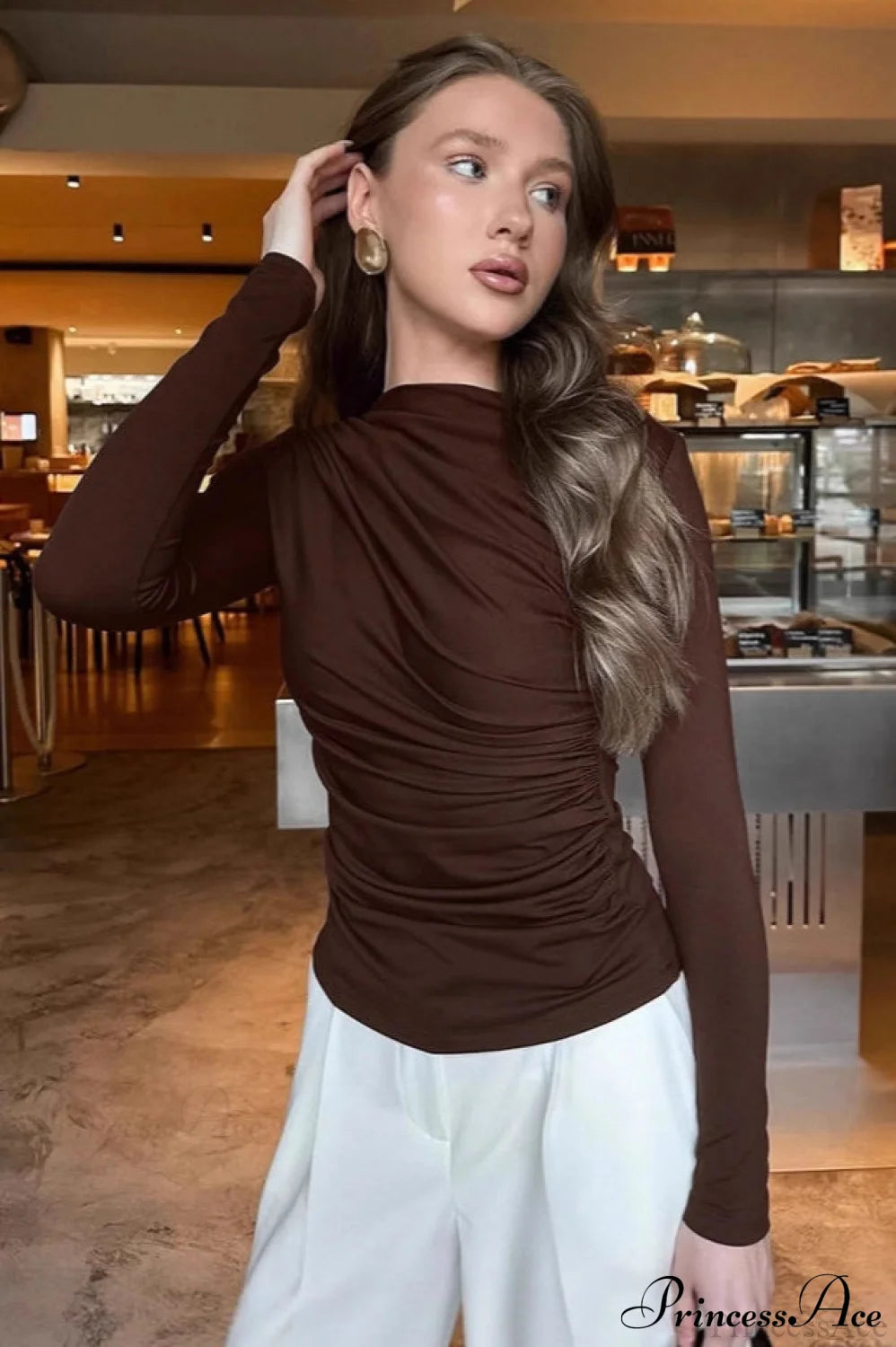 Retro Brown Slim Crew Neck Waist Cinched Long Sleeve Tee Brown / S