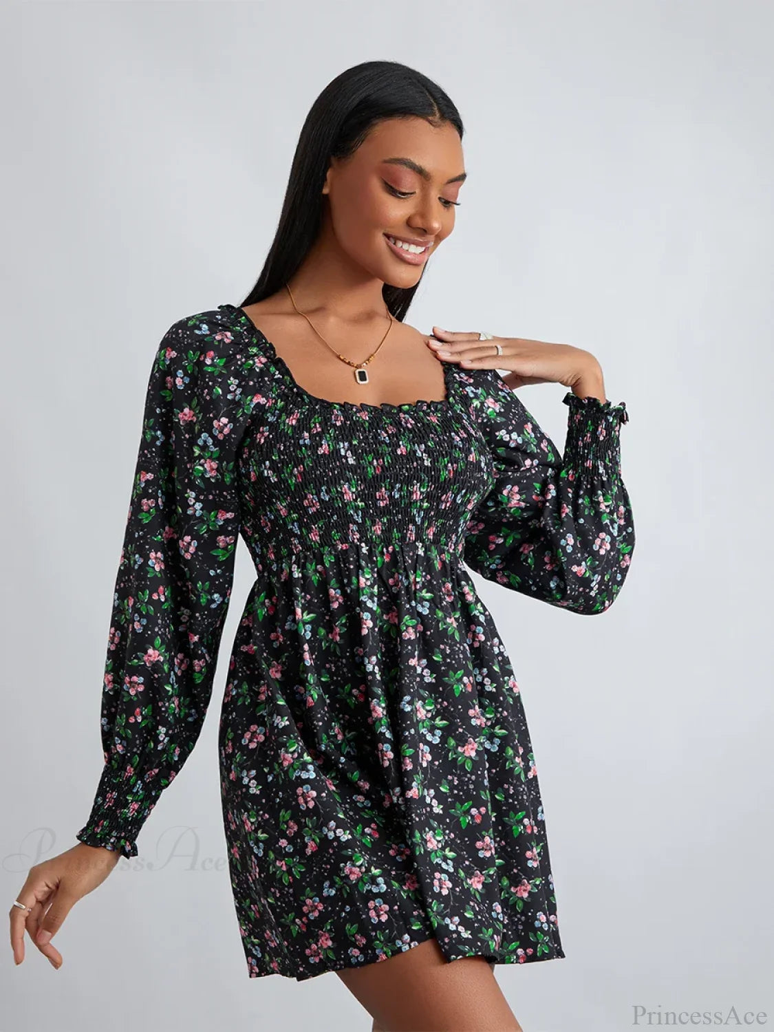 Retro Floral Print Ruffled Trim Square Neck A-Line Short Floral Dress floraldress-250126