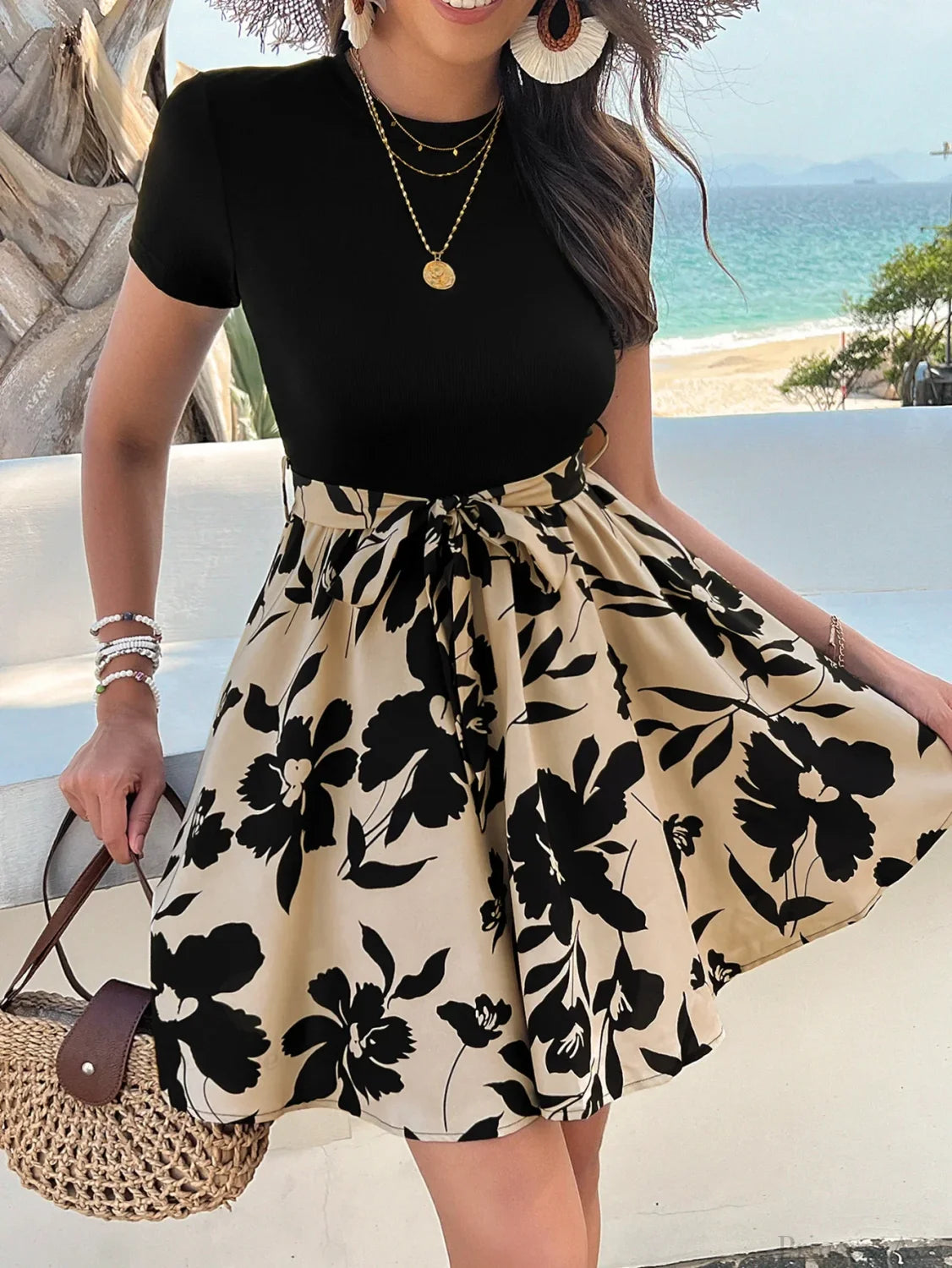 Retro Spliced High Waist Floral Print Dress oldfloraldress-250126