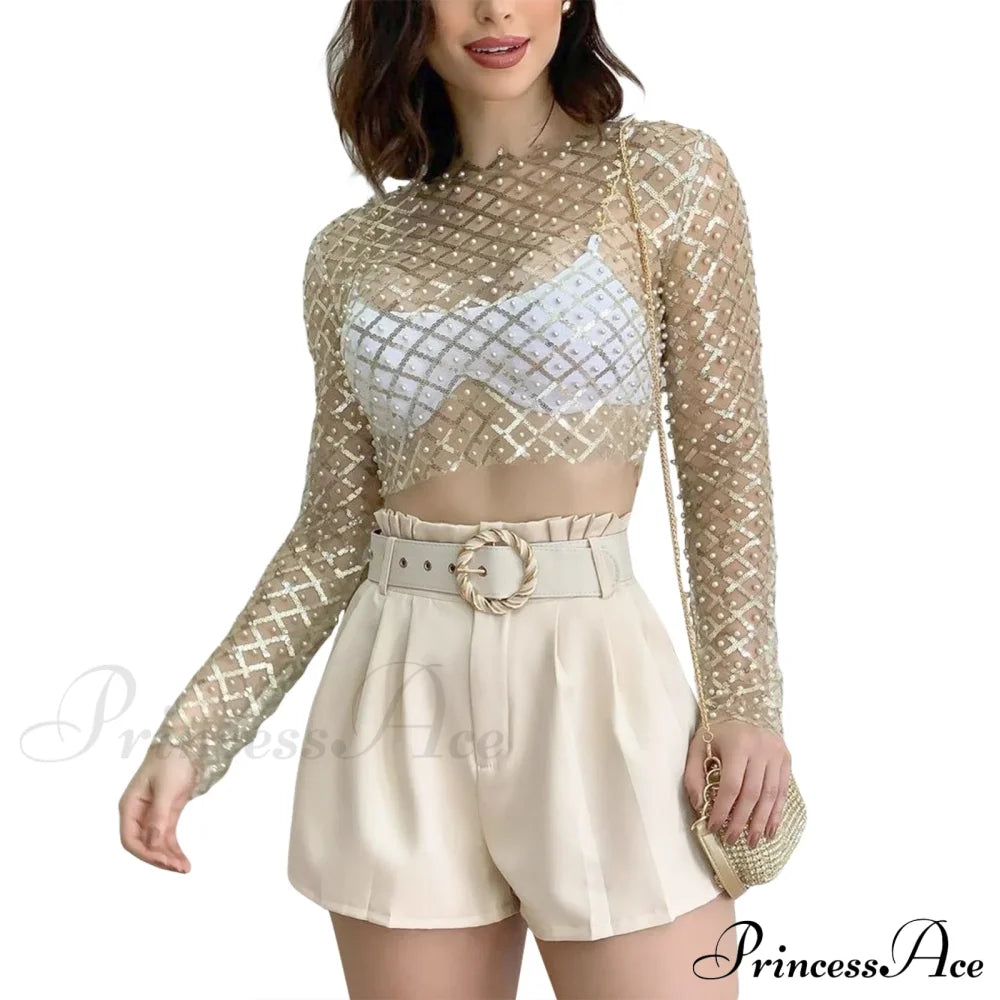 Rhinestone Beaded Y2K Slim Long Sleeve Stylish Elegant Trendy Chic Mesh Crop Top Gold / S