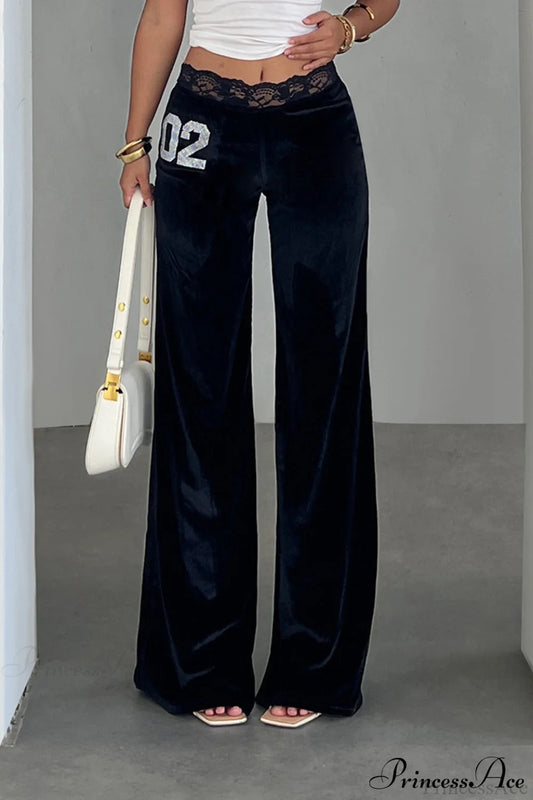 Rhinestone Lace Waist Patchwork Velvet Pants