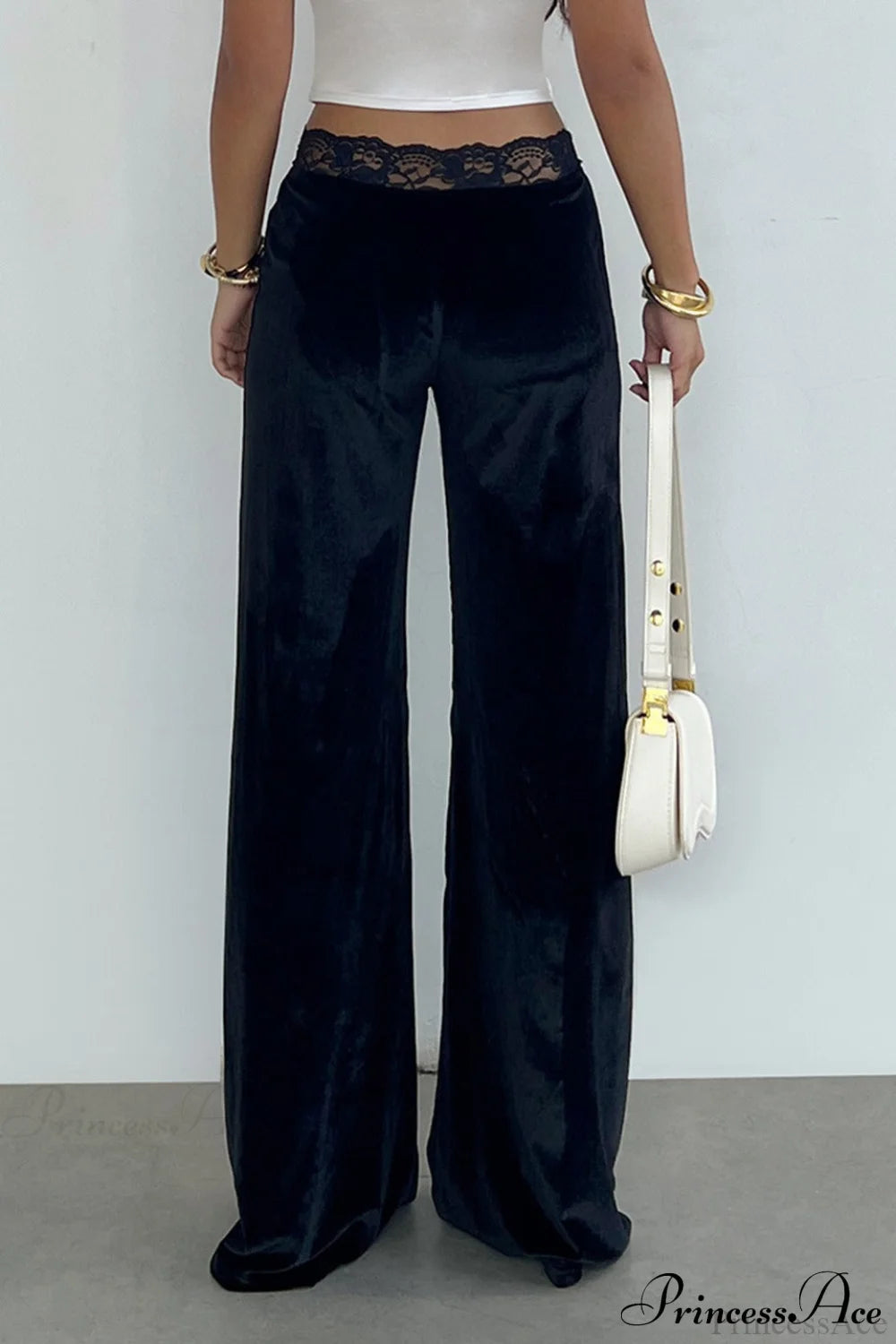 Rhinestone Lace Waist Patchwork Velvet Pants