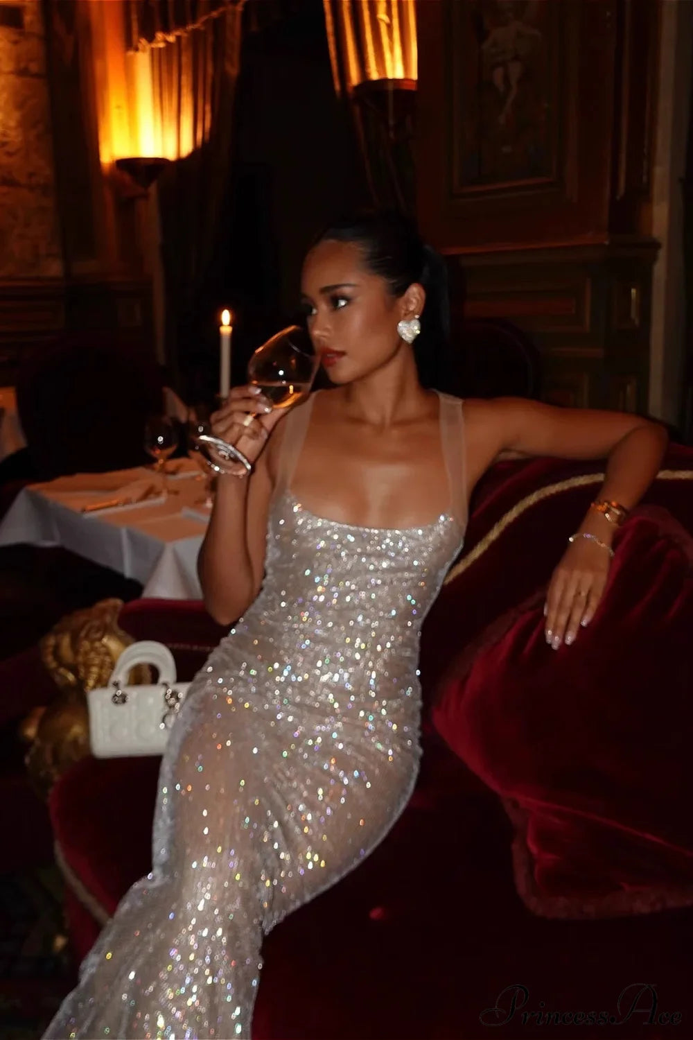 Rhinestone Low Neck Maxi Bodycon Party Dress White / XS