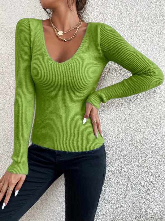 Rib Knit V-Neck Stripe Pullover Sweater Knit Top Green / S knittop-250126