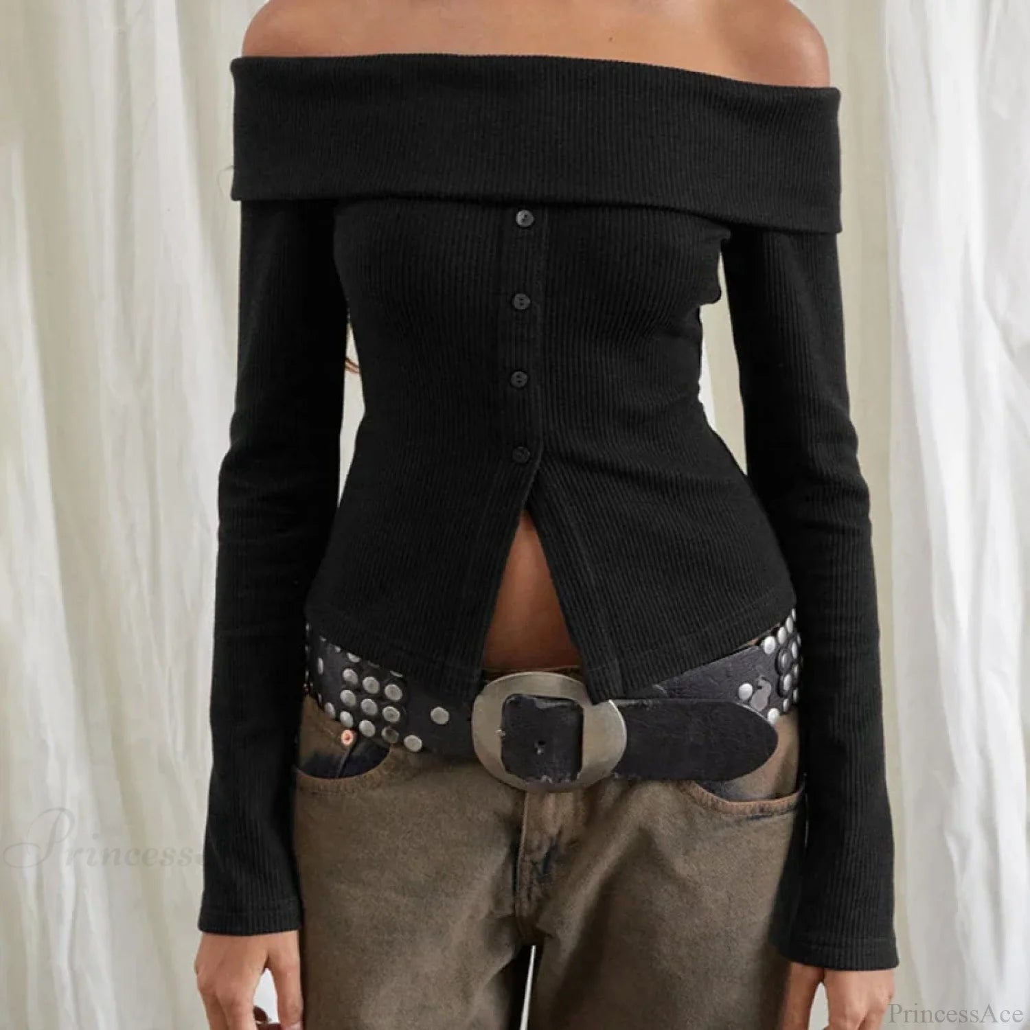 Rib Knitted Casual Long Sleeve Off-Shoulder Slim Fit T-shirt Women knittop-250126