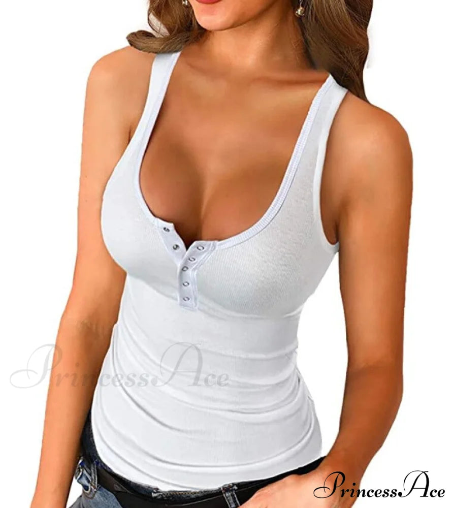 Ribbed Knitting Button U-Neck Sleeveless Tank Top White / S