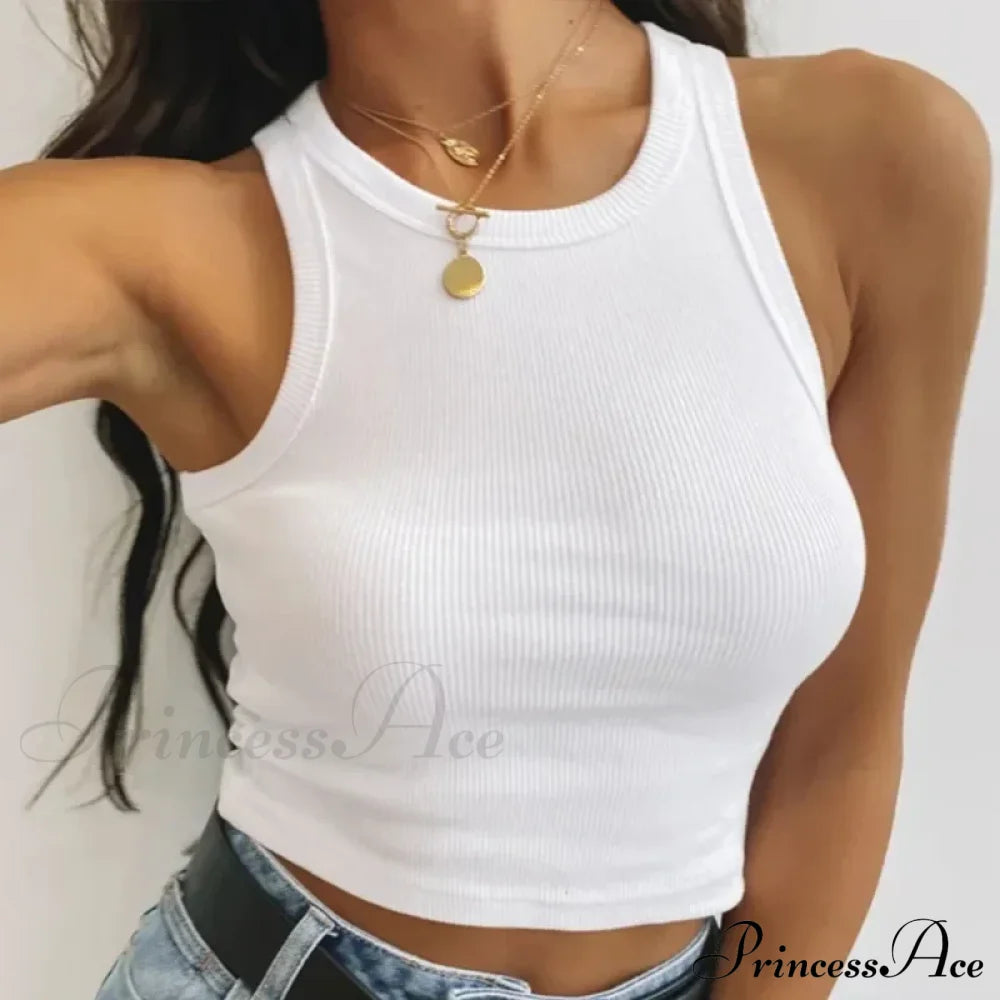 Ribbed Women White 2024 Summer Casual Fitness Short Vest Candy Knitted Off Shoulder Crop Tank Top