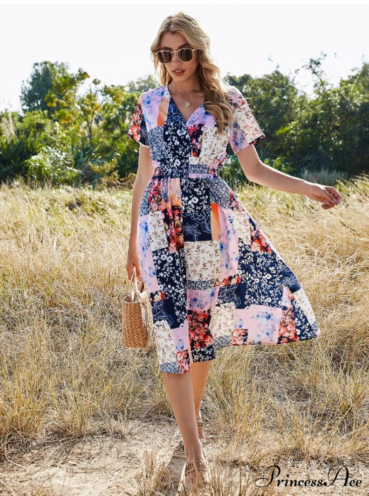 Robe V-Neck Long Coastal Short-Sleeved Casual A-Line - Retro Gown Green L / Green Dresses