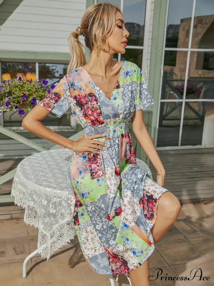 Robe V-Neck Long Coastal Short-Sleeved Casual A-Line - Retro Gown Green M / Pink Dresses