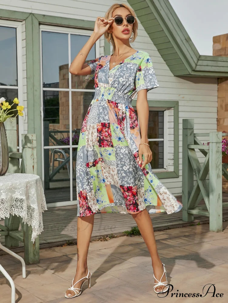 Robe V-Neck Long Coastal Short-Sleeved Casual A-Line - Retro Gown Green S / Pink Dresses