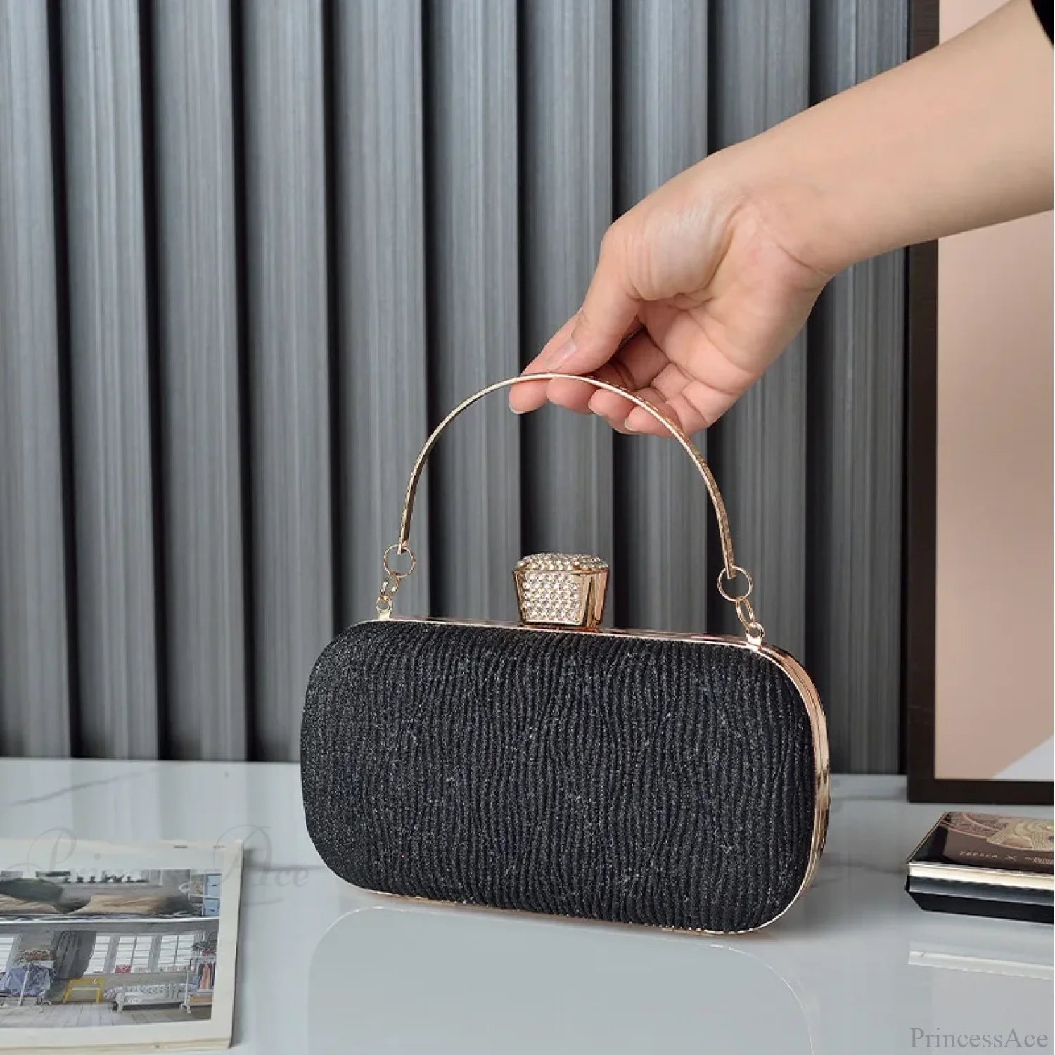 Rose Gold Sequin Evening Clutch Shoulder Bag Black clutchbag-250126