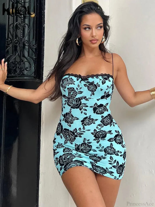 Rose Print Lace Patchwork Backless Bodycon Dress Blue / S floraldress-250126