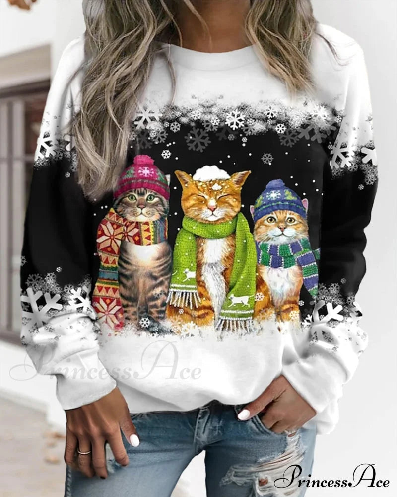 Round Neck With Cat Sweatshirt Print Sweatshirts & Hoodies-L