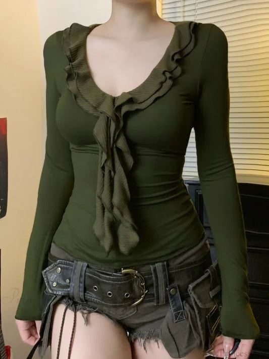 Ruffle V-neck Knit Top Green / S