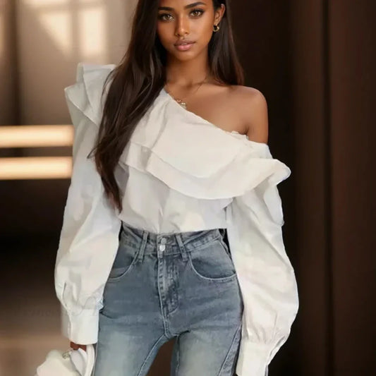 Ruffled Off Shoulder Slim Fit Casual Long Sleeve Blouse WHITE / M blouse-250126